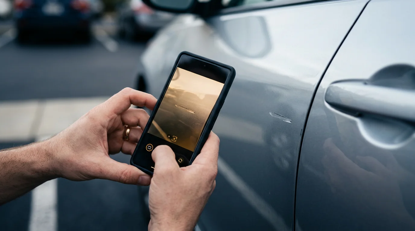 Smartphone mit Kamera über Fahrzeugseite, Titelbild Fotodokumentation, Bild 1376x768 Pixel