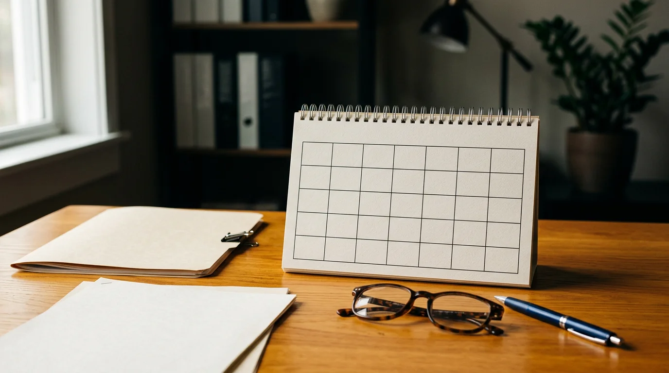 Kalender und Unterlagen auf dem Schreibtisch, Titelbild jährlicher Check, Bild 1376x768 Pixel